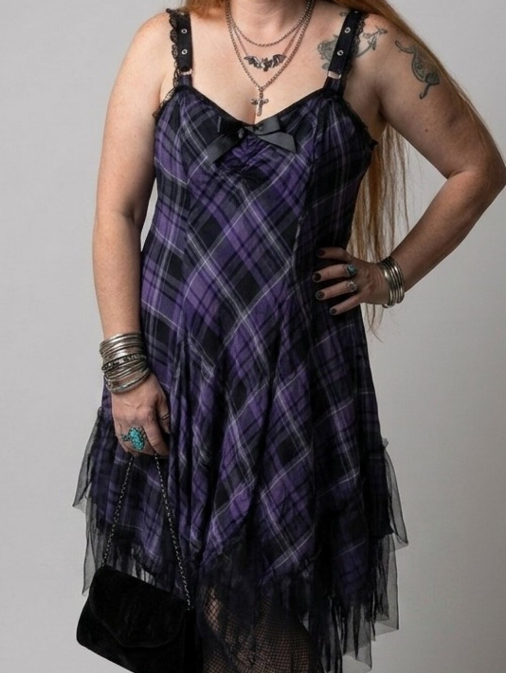 RARE Vintage Lip Service Purple Plaid Maxi Ruffle Dress w/Lace Trim & Tuelle